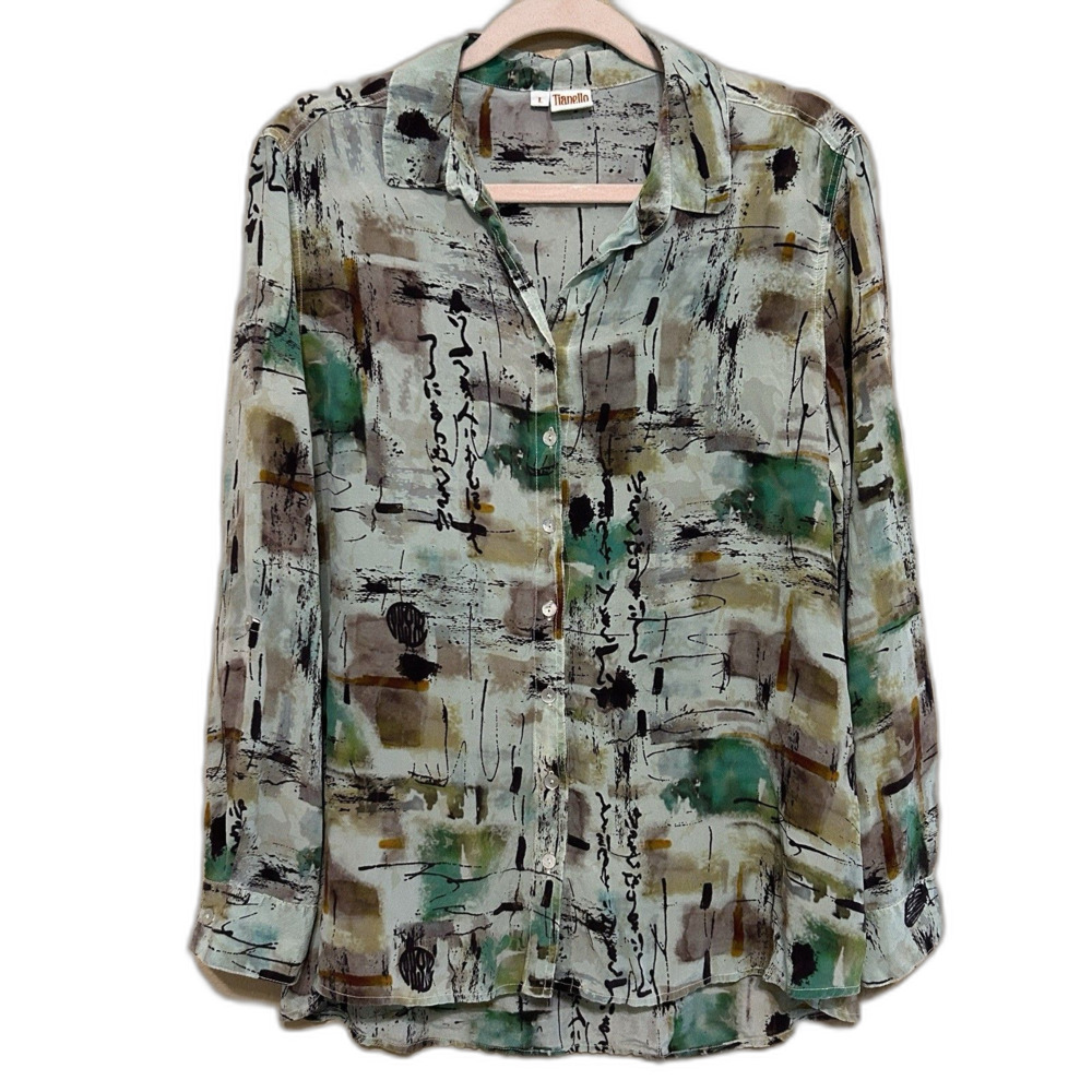 Tianello 100% Silk Button Up Top Womens Large Green Abstract Artsy Print Blouse